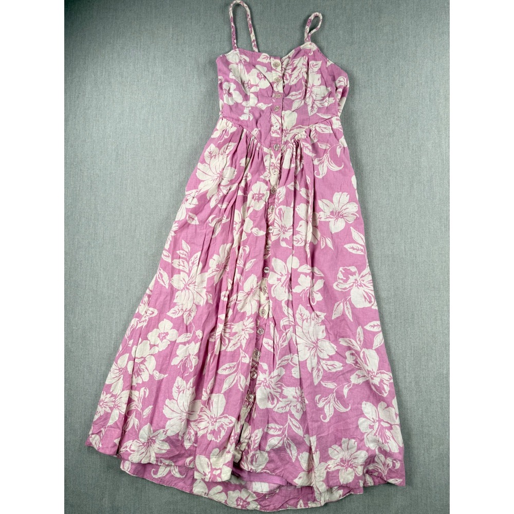 Free People Pink White Floral Linen Blend Button Down Maxi Dress‎ Cutout Back XS